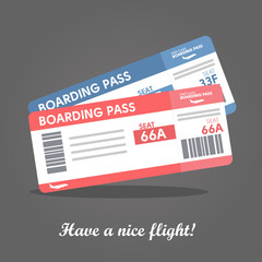 Plane ticket template. Concept of airline boarding pass ticket for traveling. Red and blue design. Boarding pass icon image vector illustration design isolated on black background.