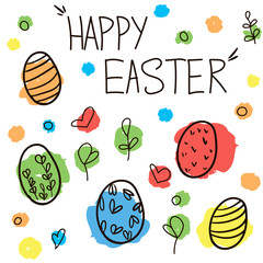 Vector set Happy Easter eggs, leaves, spots, hearts drawn by hand