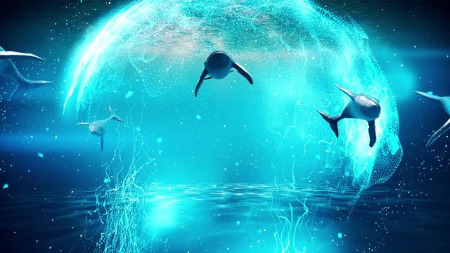 Whales traveling in blue water near surface, 3d render