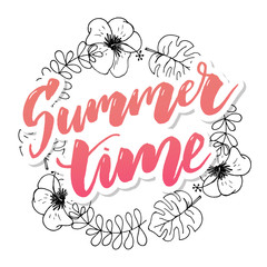 Summer time vector banner design with white circle for text and colorful beach elements in white background. Vector illustration.