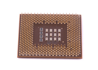 cpu pins up the back glisten on a white background . isolated