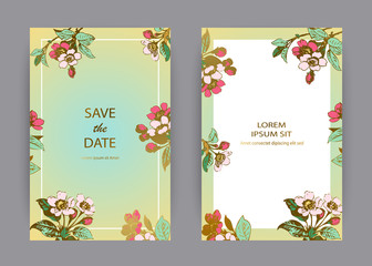 Botanical wedding invitation card template design, hand drawn sakura flowers and leaves on branches, vintage rural cherry blossom on green gold background, retro style pastel color vector illustration