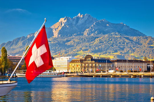 Lake Luzern and town waterfront with Pilatus mountain peak view