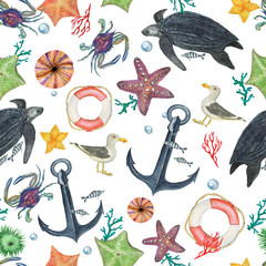 Watercolor painting seamless pattern with blackleather sea turtle, corals, starfish on white background