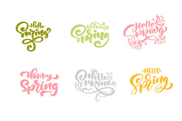 Set of six hello Spring Pastel Calligraphy lettering phrases. Vector Hand Drawn Isolated text. Sketch doodle design for greeting card, scrapbook, print © timonko