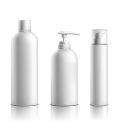 Skincare cosmetics products line packaging mockup 3d realistic vector isolated on white background. Blank white shampoo, lotion tube, liquid soap bottle with dispenser, deodorant sprayer illustration