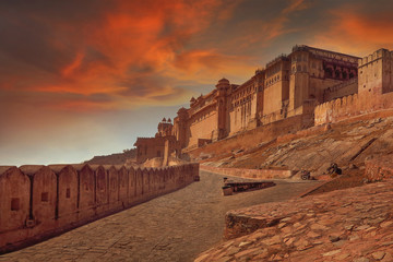 Amber Fort and Palace in Jaipur City in the State of Rajasthan India at sunset 