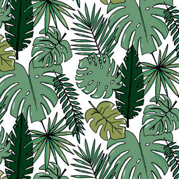 Beach cheerful pattern wallpaper of tropical dark green leaves of palm trees and flowers bird of paradise strelitzia plumeria on a light yellow background