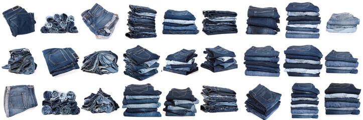 Collage of jeans isolated on white