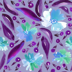 Watercolor flowers in blue, purple and lavender. All over pattern. 