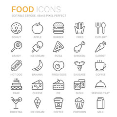 Collection of food related line icons. 48x48 Pixel Perfect. Editable stroke