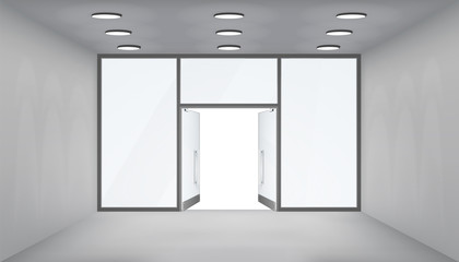 Store interior open doors 3d shop empty space light realistic windows space template mockup background vector illustration