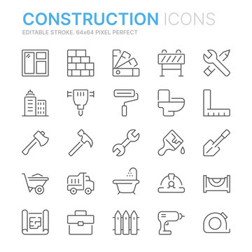 Collection of construction related related line icons. 64x64 Pixel Perfect. Editable stroke