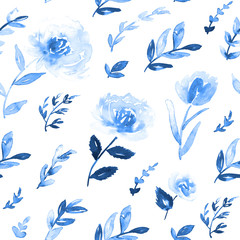 Ditsy floral print in shades of pastel blue, indigo and white. All over watercolor pattern.