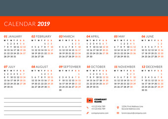 Calendar design template for 2019 year. Week starts on Monday. Stationery design
