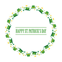 Happy St.Patrick's Day cartoon style round frame with leprechaun hats, shamrock and coins isolated on white background.