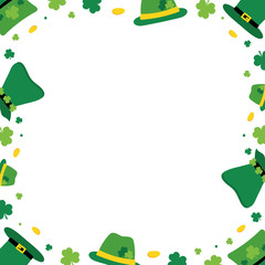 Vector cartoon style card template, frame, border or background for St. Patrick's Day holiday with leprechaun hats, coins, shamrock.