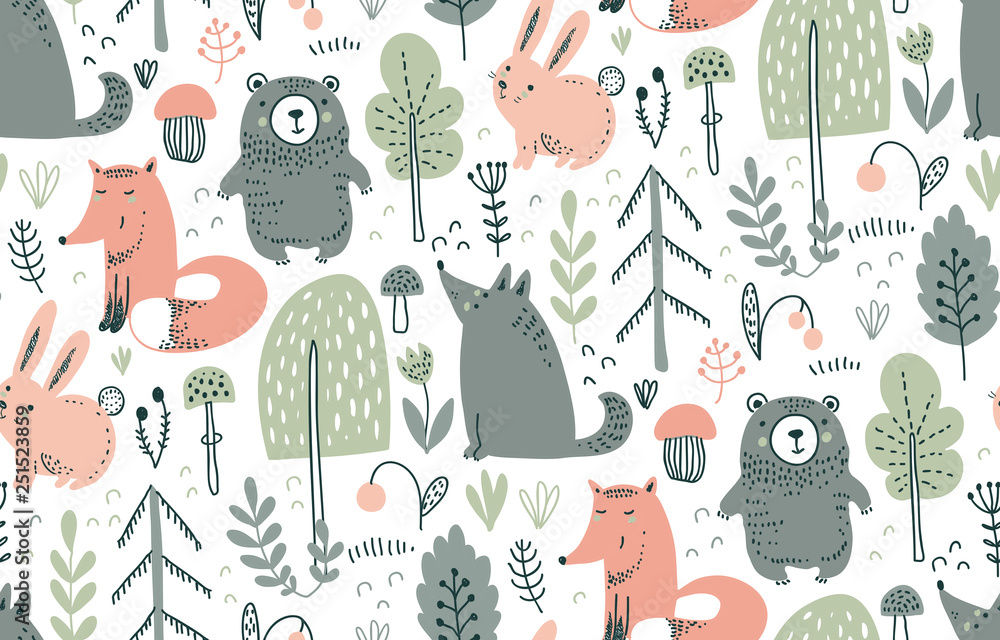 Wall mural vector seamless pattern with hand drawn wild forest animals,