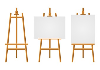 Wood easels or painting art boards with white canvas of different sizes. Easels with horizontal and vertical paper sheets. Artwork blank poster mockups. Vector illustration