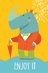 Cute vector card with wild animal rhino