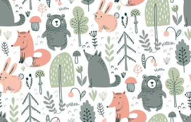 Peel and stick wall murals For her Vector seamless pattern with hand drawn wild forest animals,