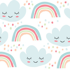 Childish seamless pattern rainbows, smiling clouds