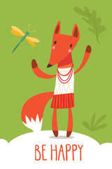 Cute vector be happy card with funny fox