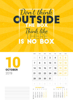 Wall calendar template for October 2019. Vector design print template with typographic motivational quote on yellow textured background. Week starts on Monday