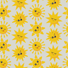 Vector seamless pattern with cute smiling sun faces.
