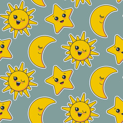 Vector seamless pattern with cute smiling sun, moon, star faces.