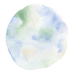 Light blue watercolor circle, hand drawn watercolor spot of round shape,  isolated on a white background