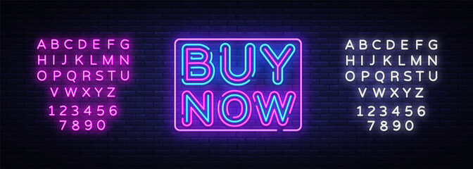 Buy Now neon text vector design template. Buy Now neon sign, light banner design element colorful modern design trend, night bright advertising, bright sign. Vector. Editing text neon sign
