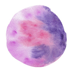 Big violet watercolor circle, hand drawn watercolor spot of round shape, blue, violet, pink and purple colors, isolated on a white background