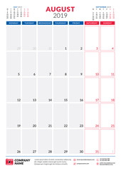 August 2019. Calendar planner stationery design template. Portrait orientation. Week starts on Monday