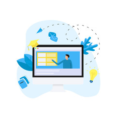 Online education or web course in desktop monitor with distance teacher. E-learning concept.