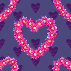 Watercolor seamless pattern for Valentine's day, hearts of chrysanthemum flowers.