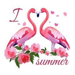 Two pink flamingos in rose flowers with the text "I love summer". Trend of prints for t-shirts and textiles. Slogan for t-shirts, textiles, cards. Fashionable print with flowers for clothes. 