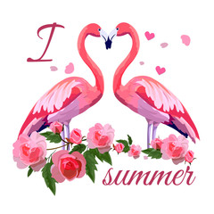Two pink flamingos in rose flowers with the text 