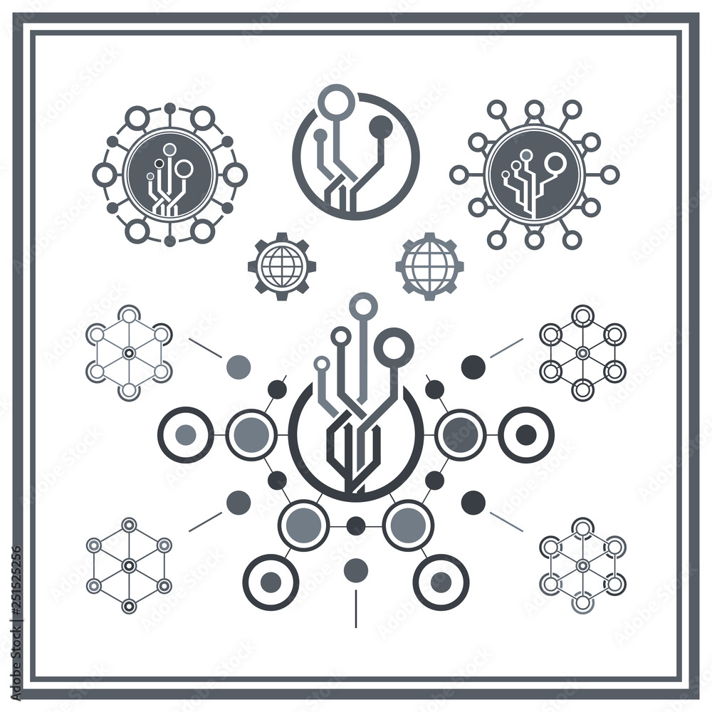 Poster set of technological icons and logos. circuit elements.