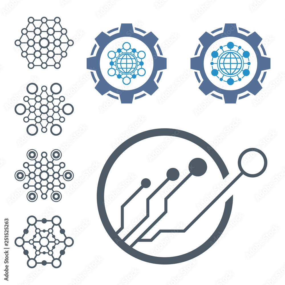 Poster set of technological icons and logos. circuit elements.