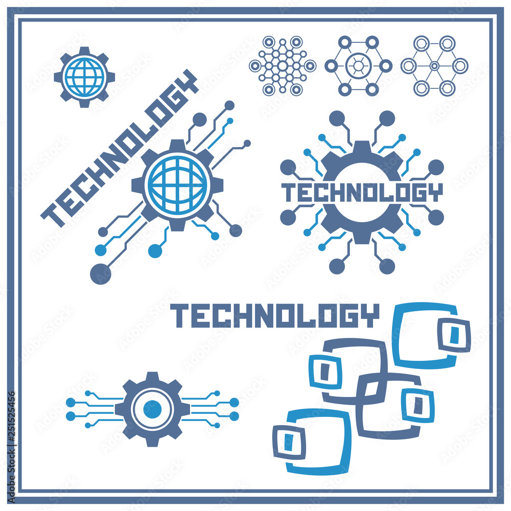 Poster set of technological icons and logos. circuit elements.