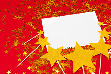 colorful confetti background. gold, red with copy space