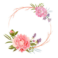 The card is round with flowers. Frame with peony, hydrangea, flowers, branch and lavender. Delicate wedding card. Vector illustration