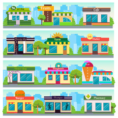 Set of vector flat design shops facade icons. The set contains: pet store, fresh fruit shop, cafe, beauty salon, farm shop, 24h shop, flower shop, donuts, ice cream, burgers, boutique, pharmacy.