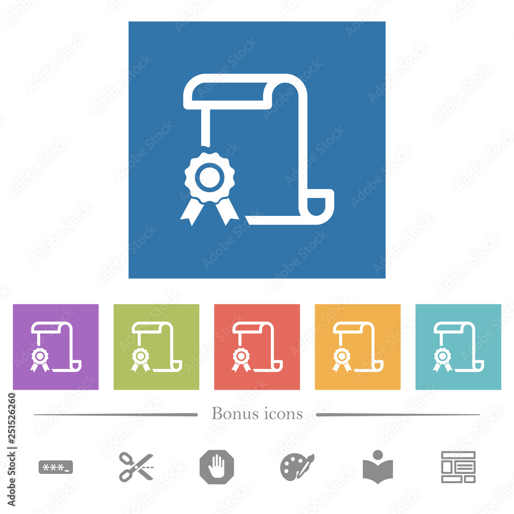 Aufkleber scroll with certificate on left flat white icons in square backgrounds