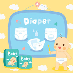 set cute baby with diapers on pattern cloud
