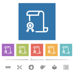 Scroll with certificate on left flat white icons in square backgrounds