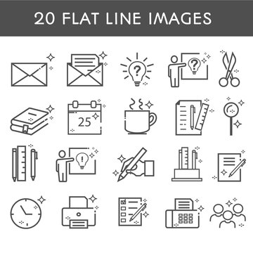 20 flat line icon. Simple icons about creative professions. Сoworking. Office work. Clock, letter, group of people, books, folders. Vector illustration.