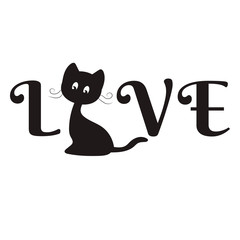 Cute black cat-slogan Love. Print for t-shirts and textiles. Sticker. Vector illustration.