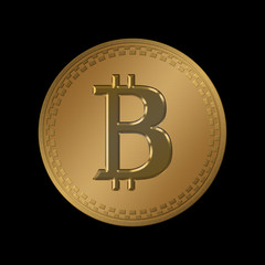 Golden coin with bitcoin symbol isolated on black background. Physical bit coin. Digital currency.